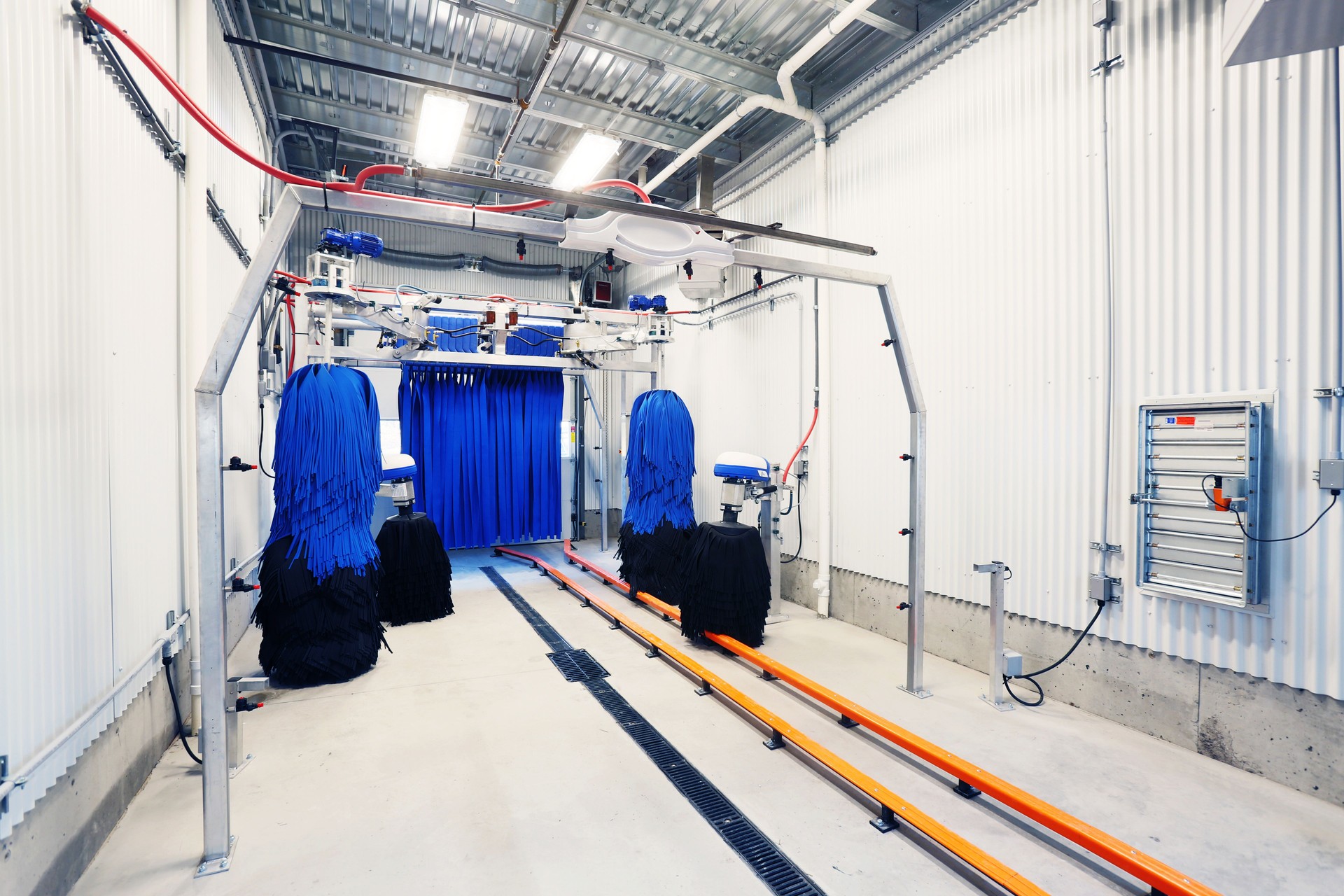 The tunnel of an automatic car wash.